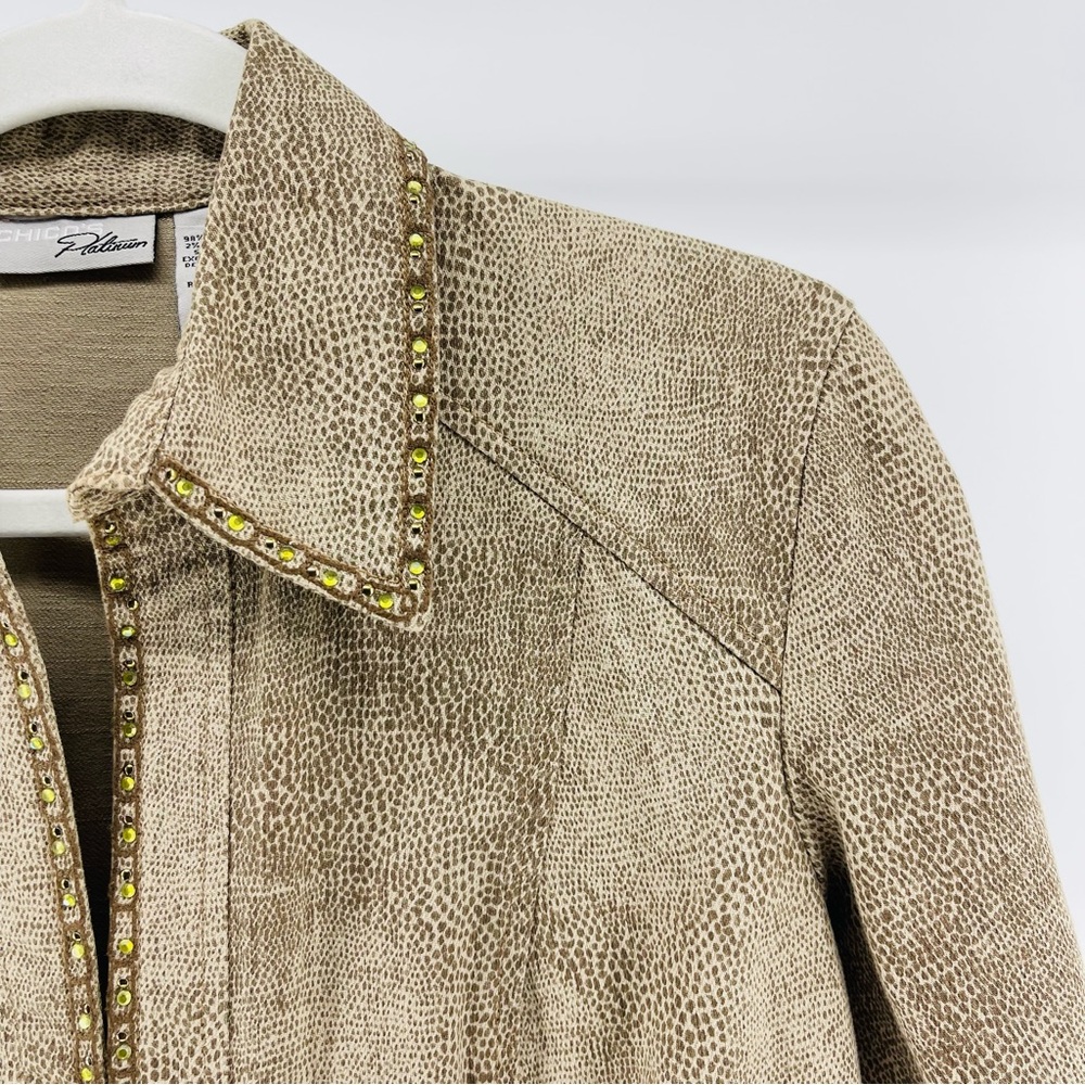 Chico's Tan Snakeskin Print Embellished Jacket, Hook Front Closure, Size Small - Picture 2 of 7